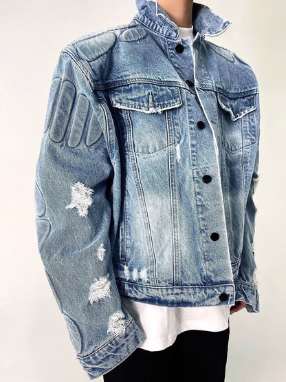 Ripped Motorcycle Denim Jacket Men's Clothing