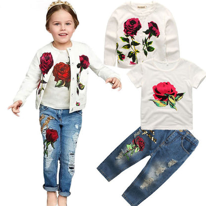 Big Kids Three-piece Suit Long-sleeved Jacket Sequined Jeans