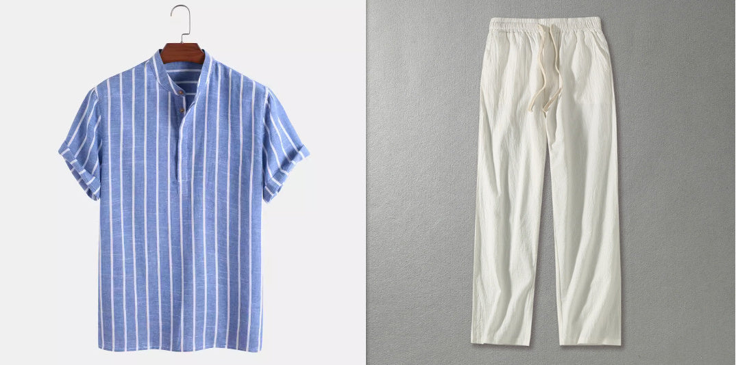 Summer Men's Clothing Short Sleeve Shirt Linen Leisure Trousers