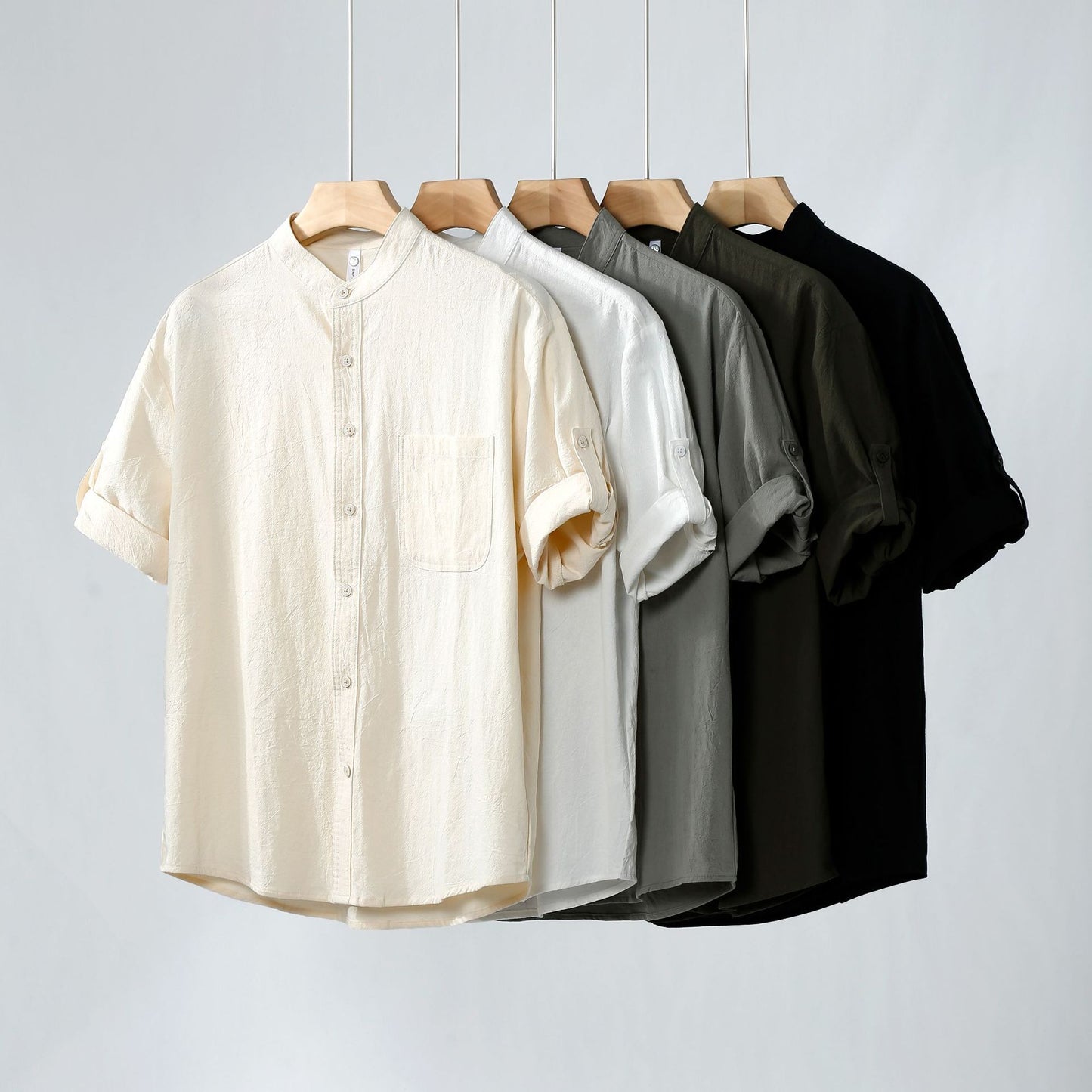 Linen Shirt Men's Short-sleeved Shirt Loose Men's Clothing Chinese Style Summer Cotton Linen Men's Solid Color Simple Stand Collar Top