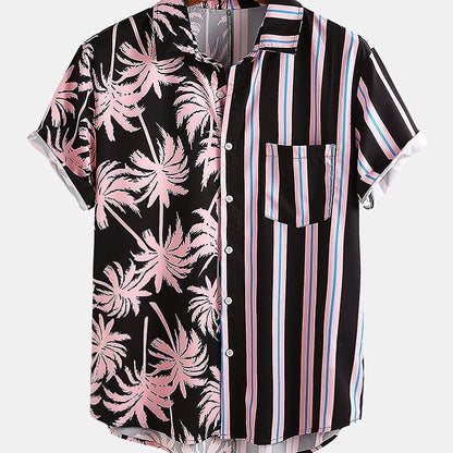Men Clothing Summer New Men's Coconut Print Striped Stitching Casual Holiday Shirt Short-sleeved Camisas Para Hombre