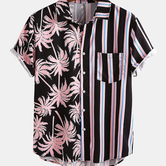 Men Clothing Summer New Men's Coconut Print Striped Stitching Casual Holiday Shirt Short-sleeved Camisas Para Hombre
