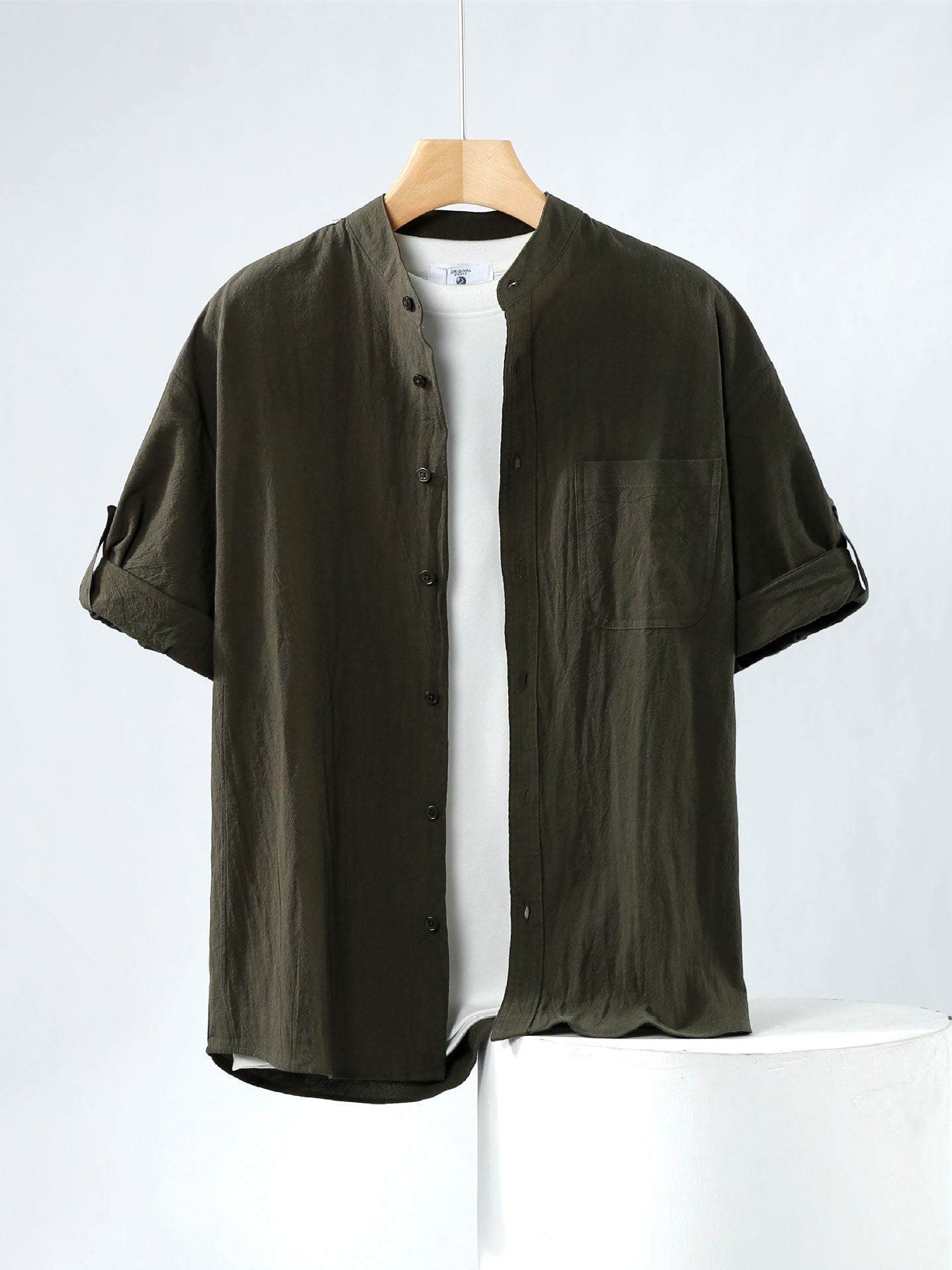 Linen Shirt Men's Short-sleeved Shirt Loose Men's Clothing Chinese Style Summer Cotton Linen Men's Solid Color Simple Stand Collar Top