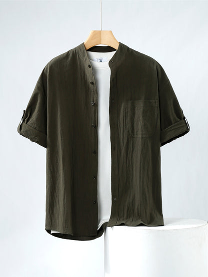 Linen Shirt Men's Short-sleeved Shirt Loose Men's Clothing Chinese Style Summer Cotton Linen Men's Solid Color Simple Stand Collar Top