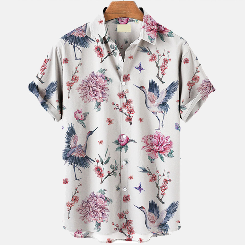Summer New Men's Clothing Casual All-matching Fashion Trendy Printed Plant Pattern High Quality Short Sleeve Shirt