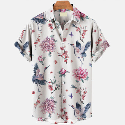 Summer New Men's Clothing Casual All-matching Fashion Trendy Printed Plant Pattern High Quality Short Sleeve Shirt