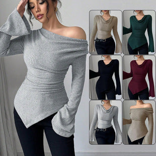 Ribbing Bottoming Sweater Off-the-shoulder Slim Knit Long-sleeved Top