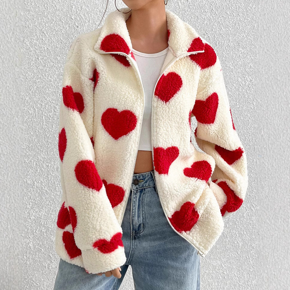 Women's Plush Loving Heart Printed Coat