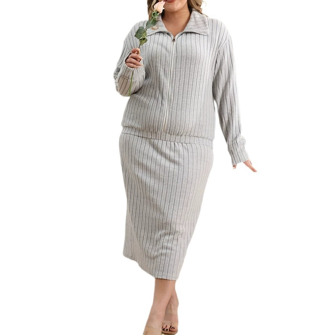 Melange Gray V-neck Casual Knitted Skirt Suit