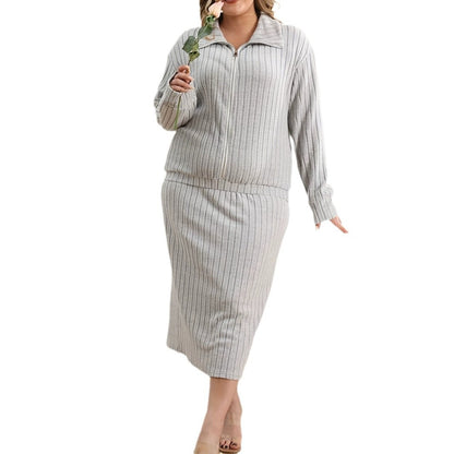 Melange Gray V-neck Casual Knitted Skirt Suit