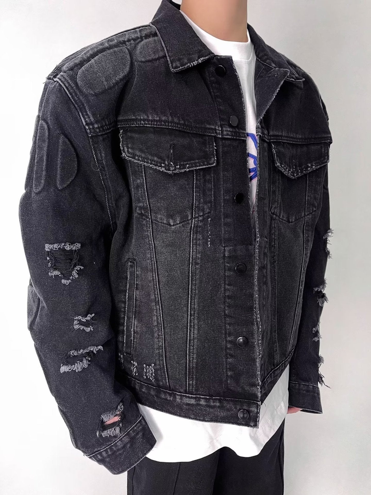 Ripped Motorcycle Denim Jacket Men's Clothing