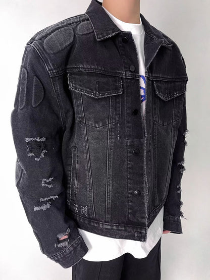 Ripped Motorcycle Denim Jacket Men's Clothing