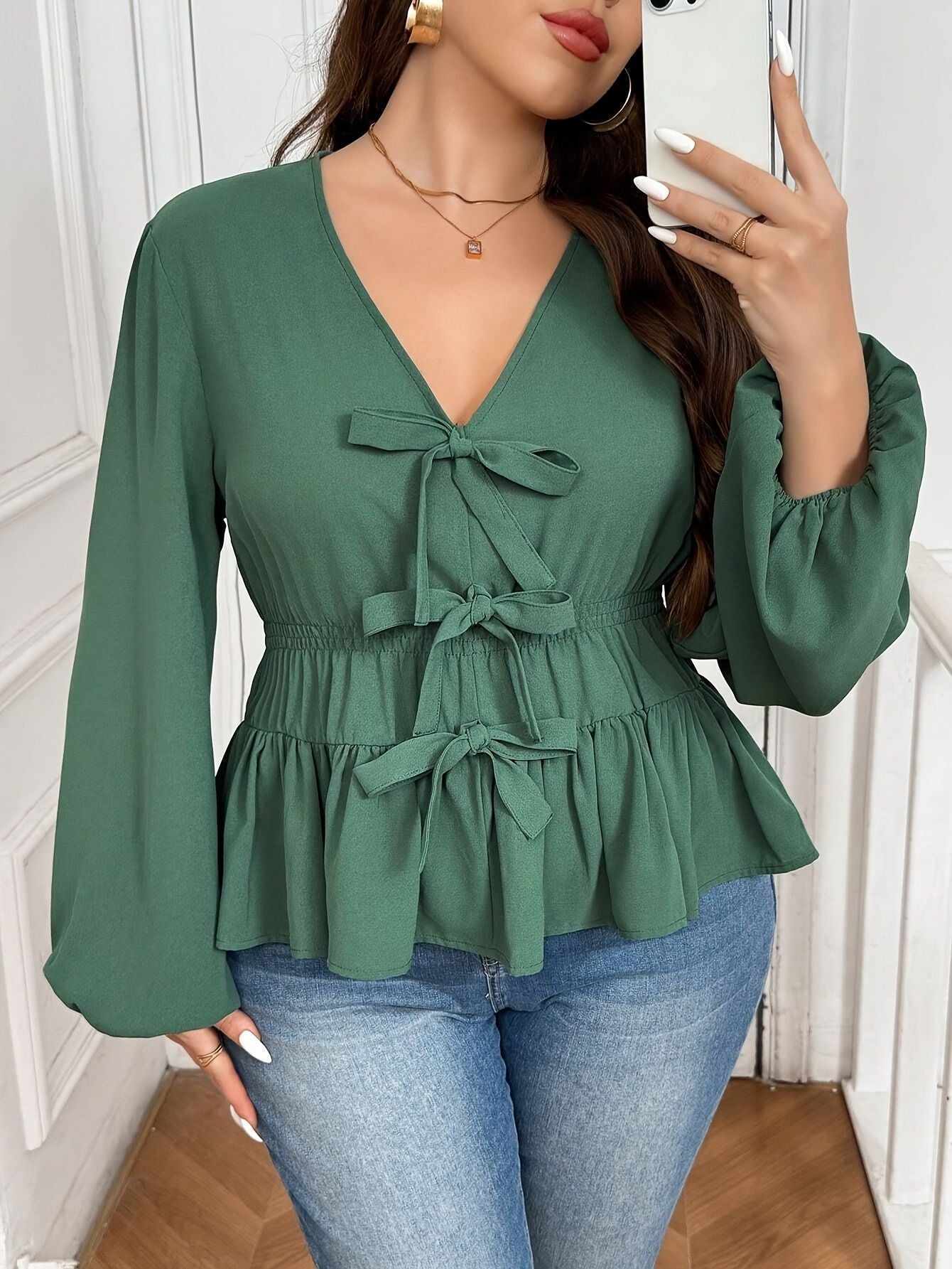 New V-neck Short Green Coat Bow Top