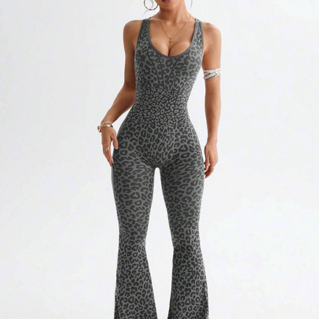 Women's Casual Sports Leopard Print Cross Beauty Back Jumpsuit