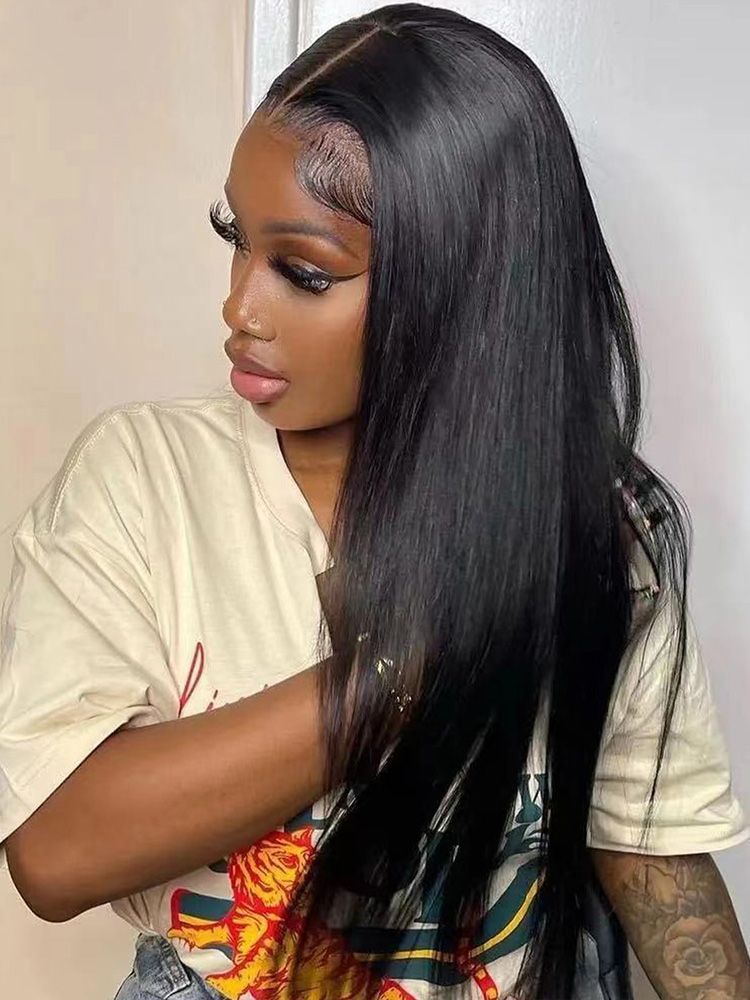Black Medium Long Straight Hair Chemical Fiber T-shaped Front Lace Wig