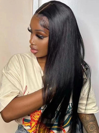Black Medium Long Straight Hair Chemical Fiber T-shaped Front Lace Wig