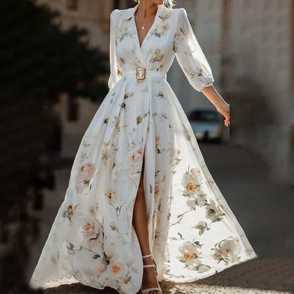 Women's Elegant V-Neck Floral Print Flare Sleeve Maxi Dress High Slit Hem Formal Evening Spring Fall Wedding Party Guest Dress