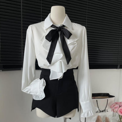 New White Shirt Women's Lace-up Bow