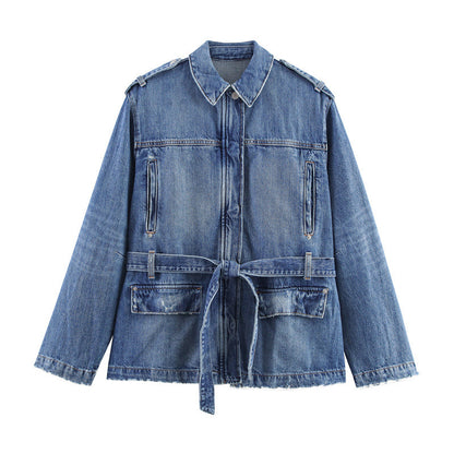 Long Denim Jacket Coat Loose High Waist Curl Jeans