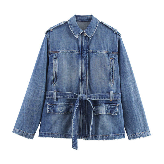 Long Denim Jacket Coat Loose High Waist Curl Jeans