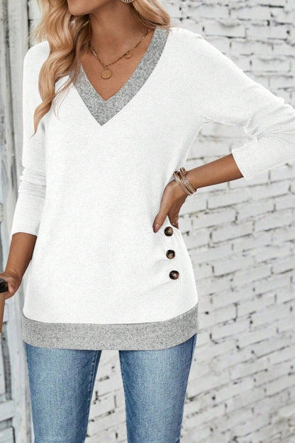 Long Sleeve V-neck Elegant Pleated Button Solid Color T-shirt Top