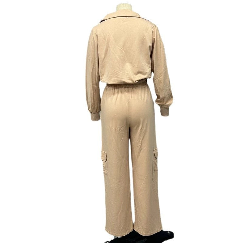 Women's Lapel Short Top High Waist Work Clothes Wide Leg Pants Two-piece Set