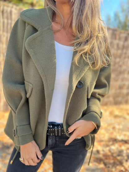 Women's Solid Color Casual Woolen Lapel Button Faux Pocket Coat