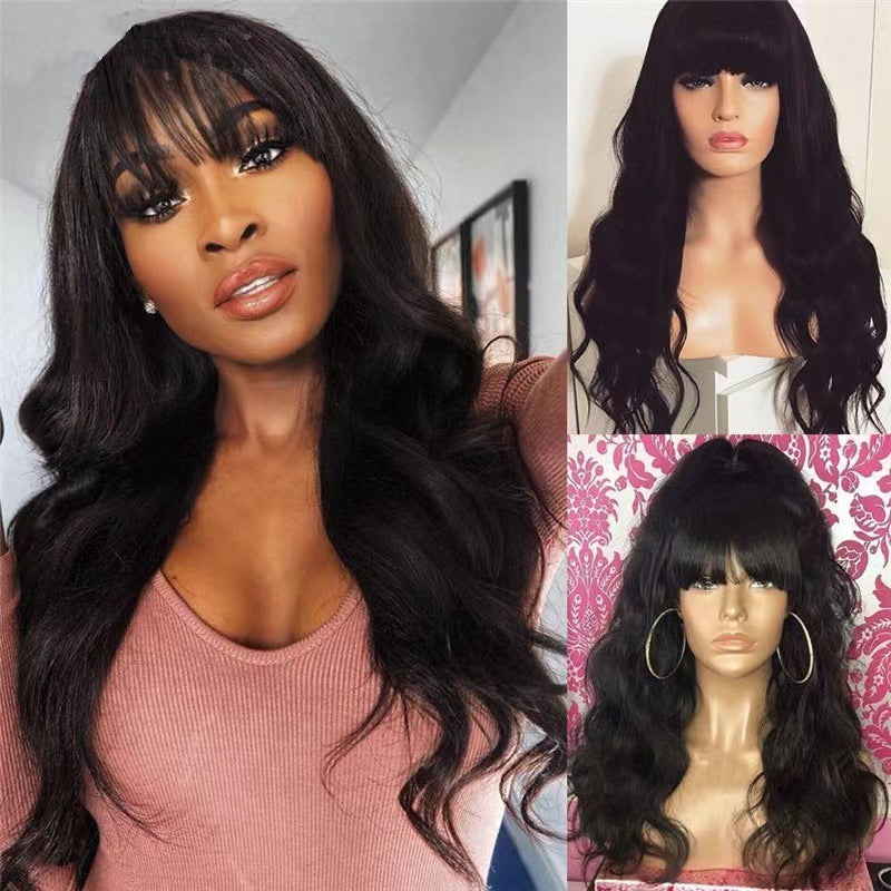 Wig Female Air Bangs Long Curly Hair Big Wave Roll Black Medium Chemical Fiber Hair