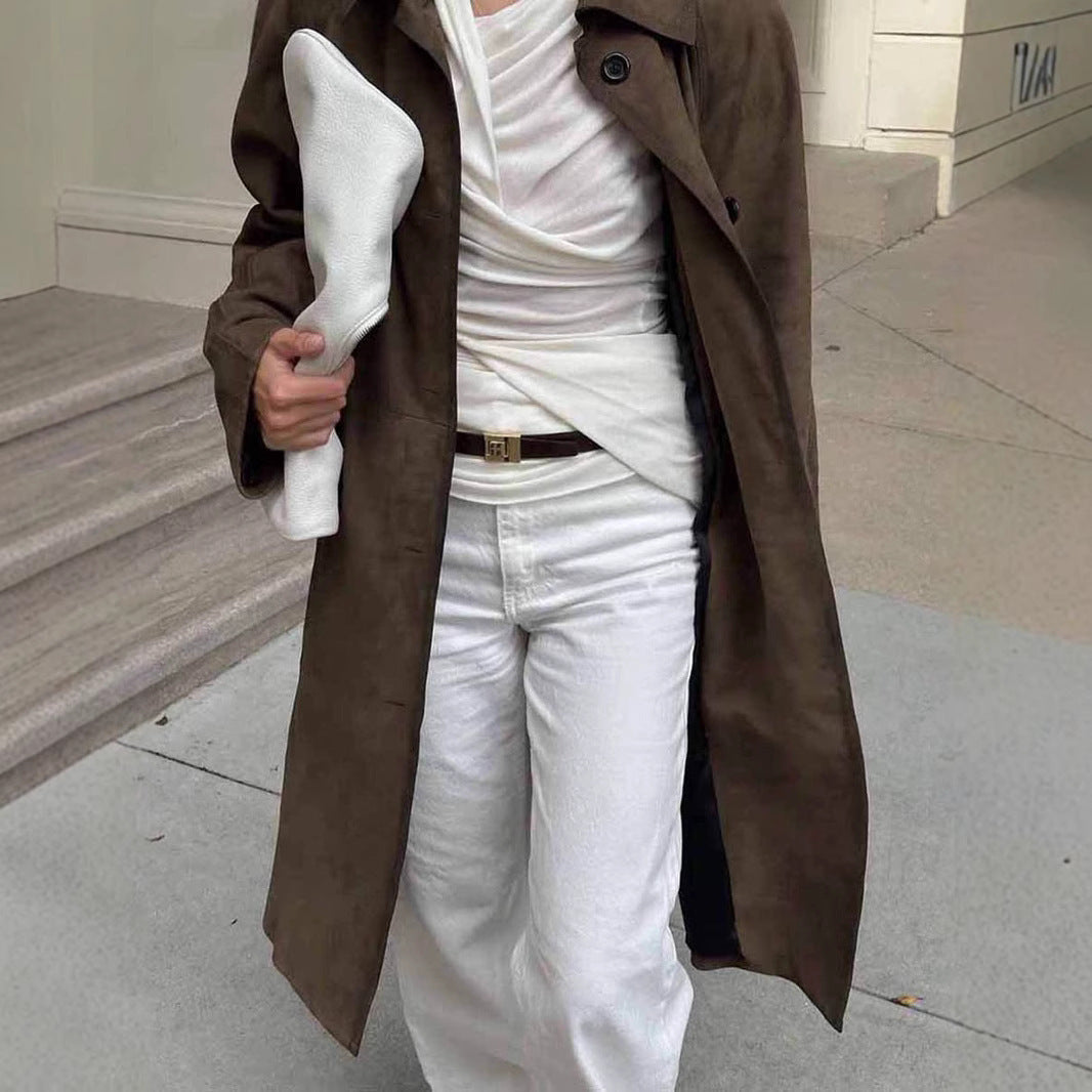 Loose Lapels Vintage Brown Suede Coat