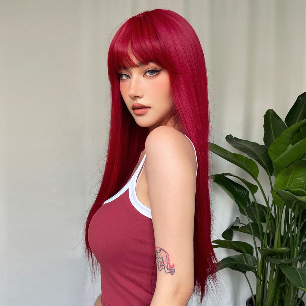 Red Long Straight Wig Head Cover With European And American Style