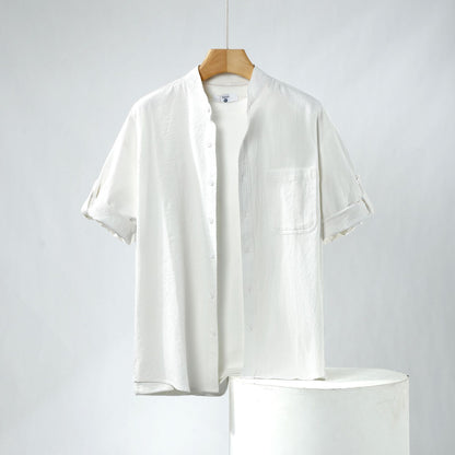 Linen Shirt Men's Short-sleeved Shirt Loose Men's Clothing Chinese Style Summer Cotton Linen Men's Solid Color Simple Stand Collar Top