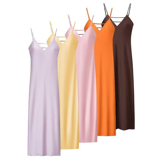 Golden Holiday Party Dress Silk Satin Texture Midi Skirt Sling Dress
