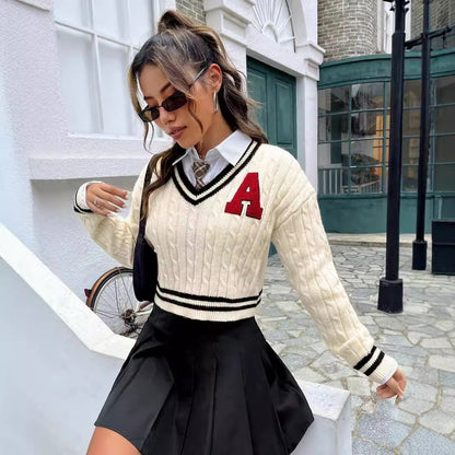 V-neck Youthful Campus Younger Knitted Shirt Slim Striped Long Sleeve