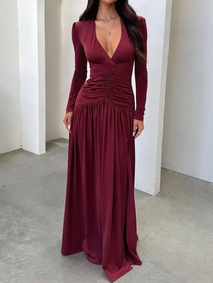 European And American Elegant Deep V Long Sleeve Skirt
