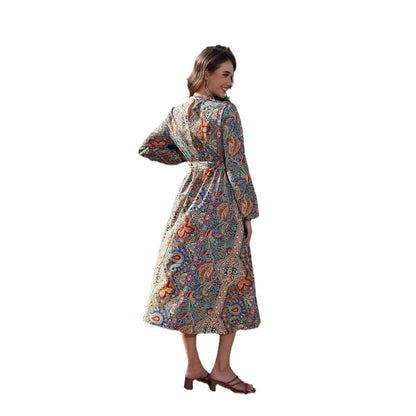 V-neck Smocking Waist-tight Long Printed Dress