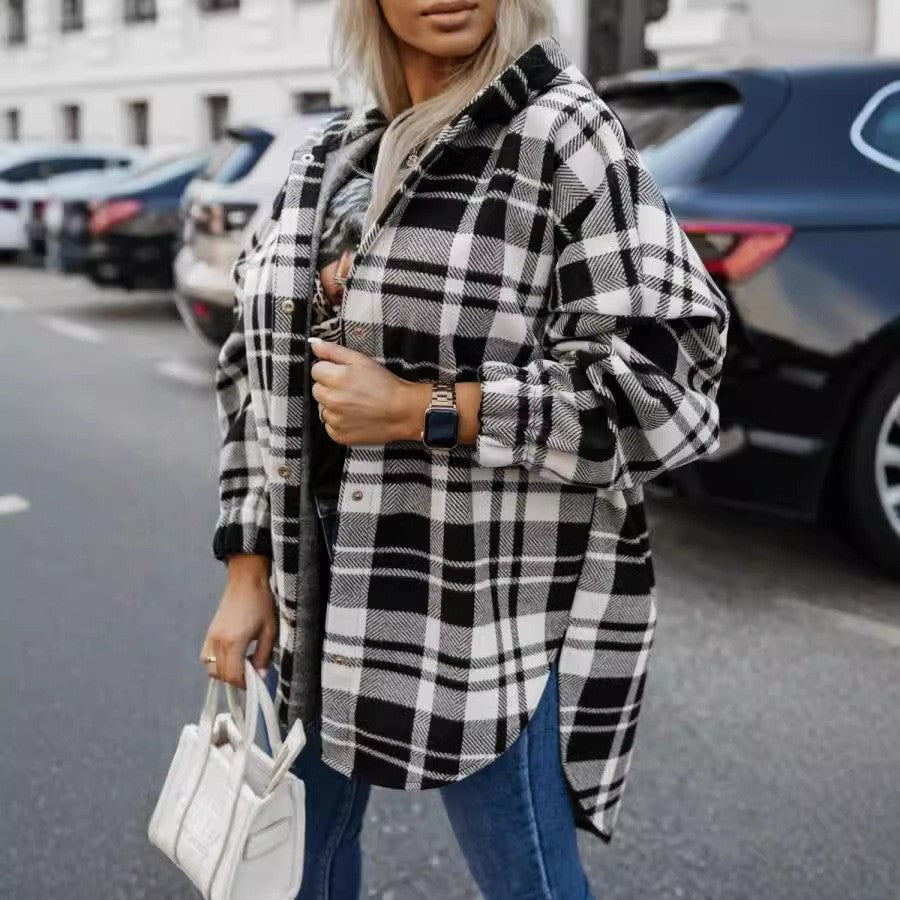 Plaid Hooded Side Slit Personality Street Coat