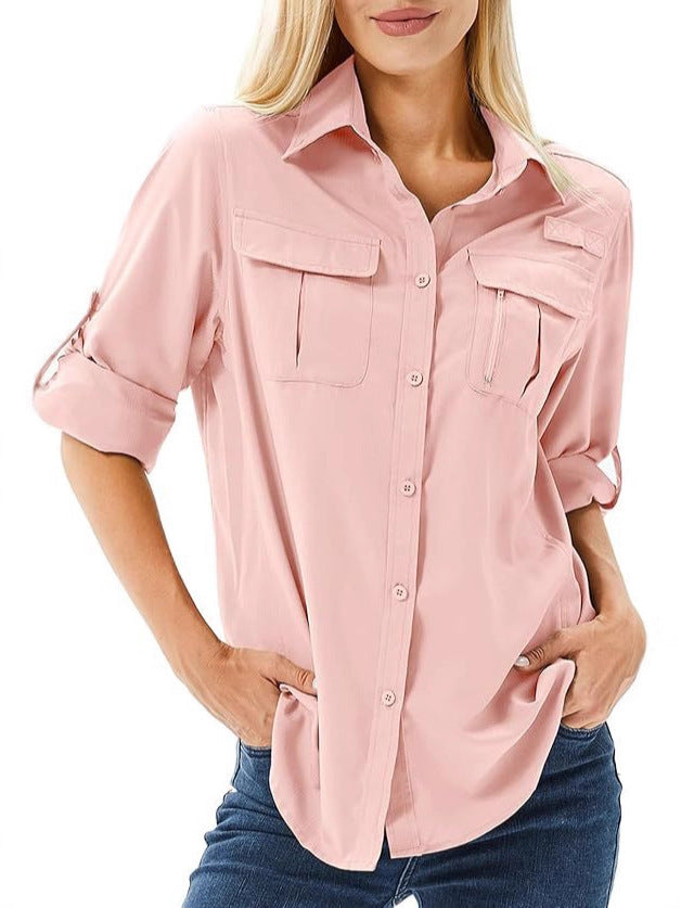 Casual Quick-drying Stretch Zipper And Lapel Pocket Women's Shirt