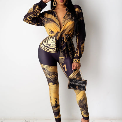 Women's Casual Fashion USD Printed Lace Up Long-sleeved Trousers Two-piece Suit