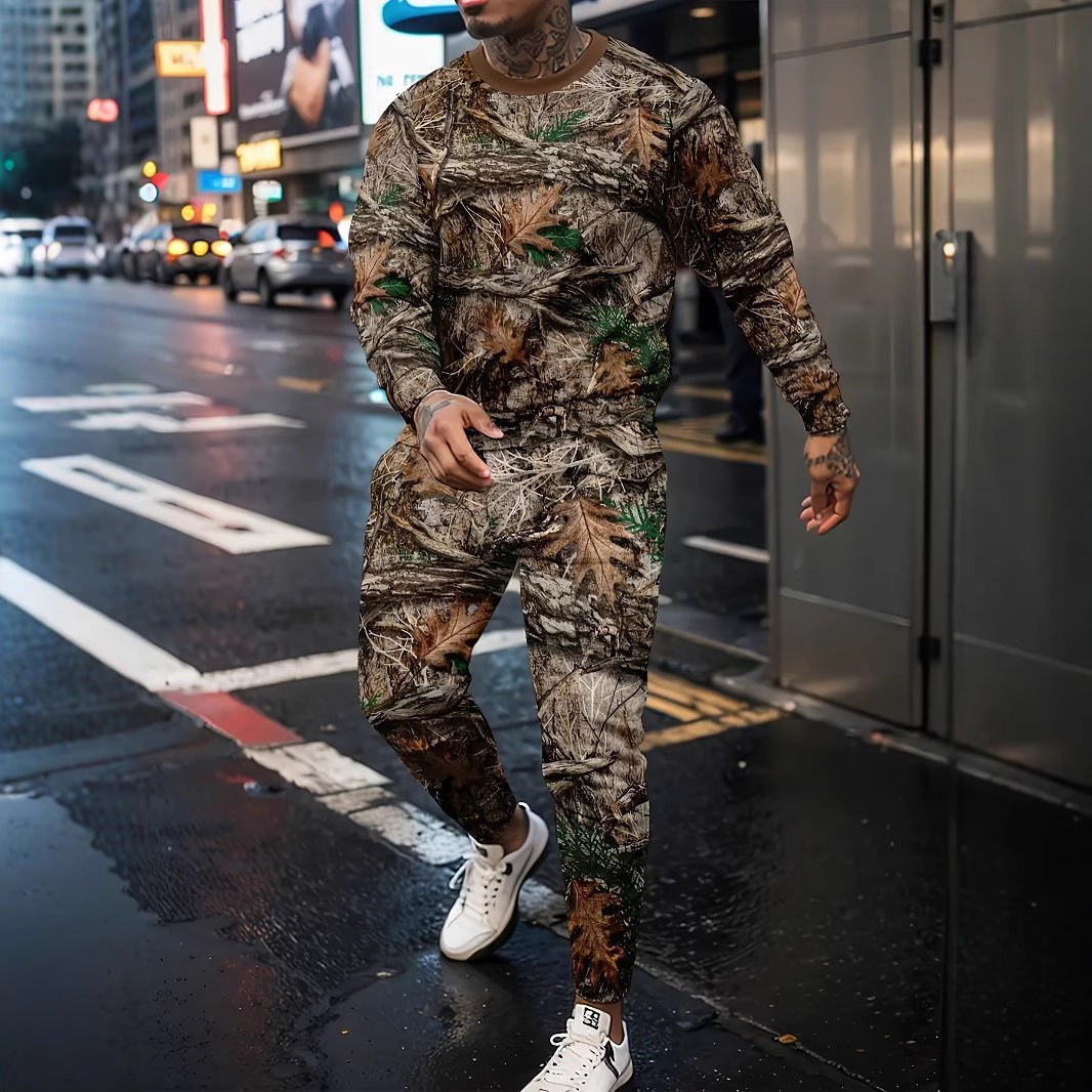 Sports Men's Clothing Casual Retro Digital Printed Round Neck Sweater Suit