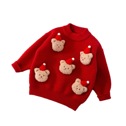 Christmas Red Round-neck Pullover Korean Velvet No Pilling Fleece-lined Kids' Sweater