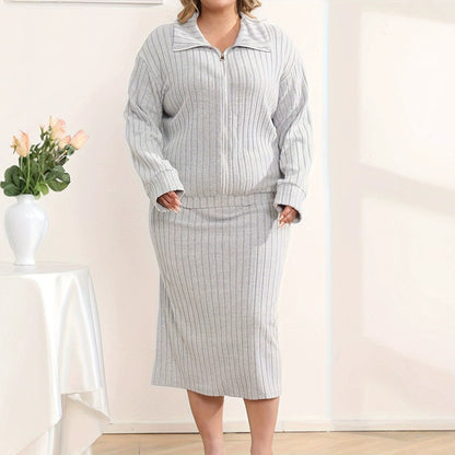 Melange Gray V-neck Casual Knitted Skirt Suit
