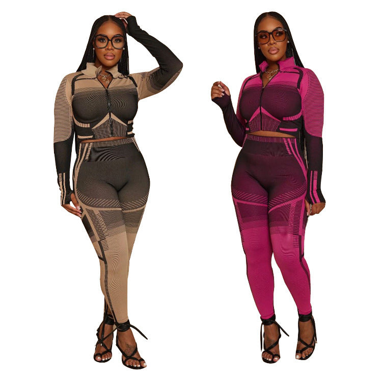 Women's Casual Fashion Striped Pattern Long Sleeve Trousers Suit