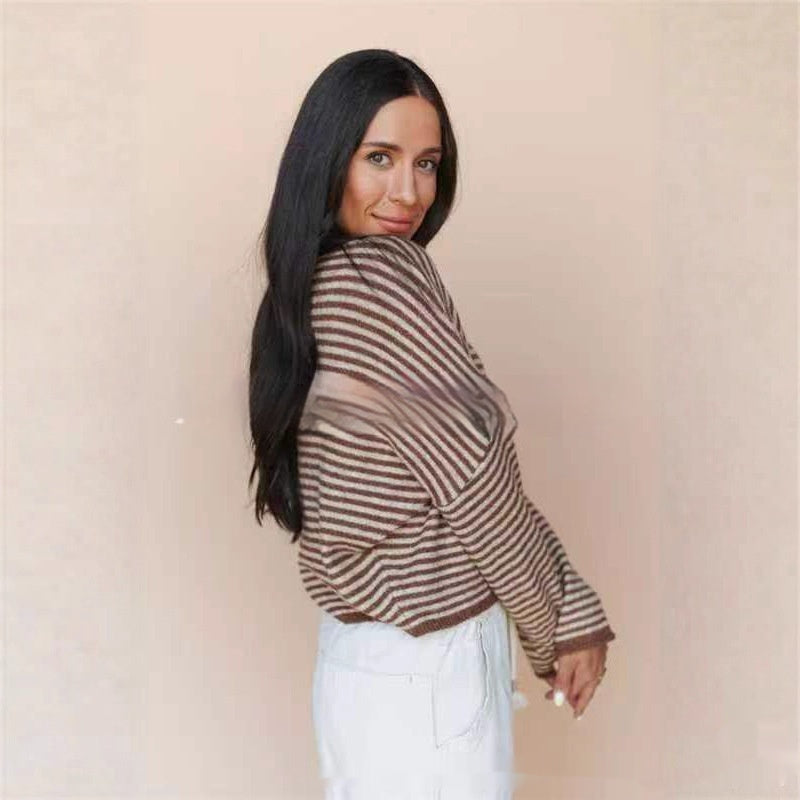 Women's Contrast Color Striped Casual Cardigan Slim Slimming Knitted Sweater