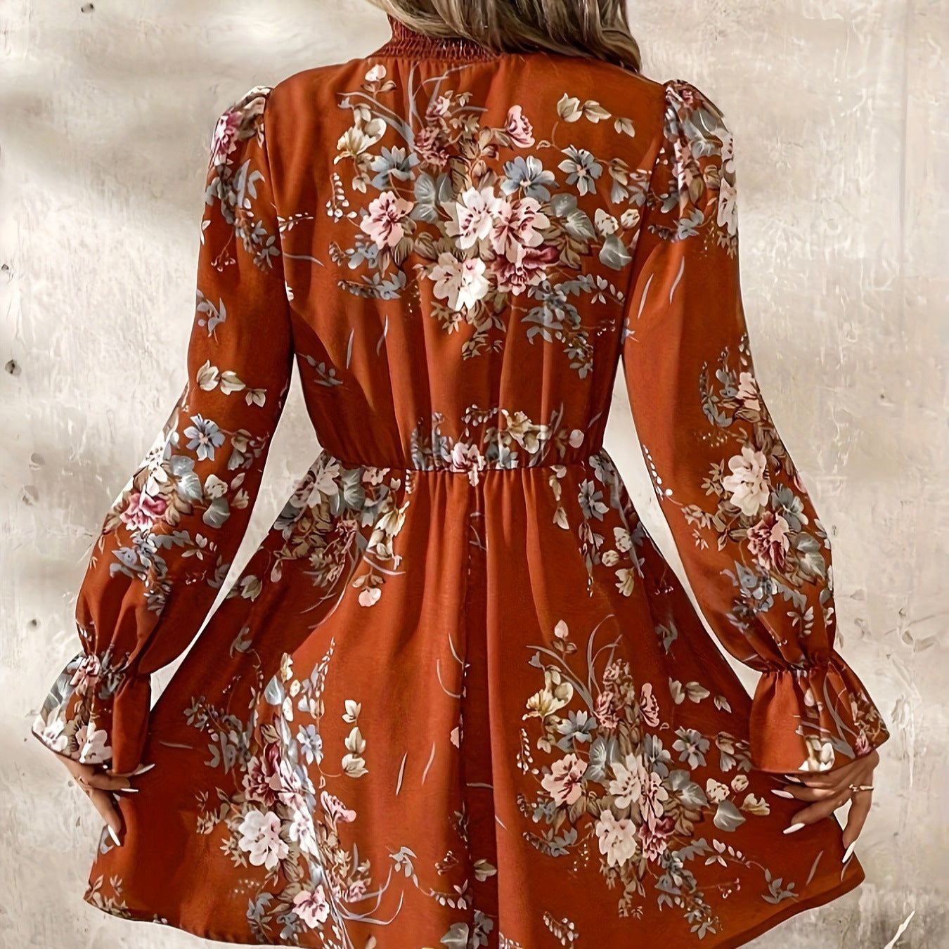 Chiffon Floral Ruffle Sleeve Dress Women