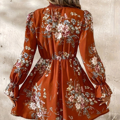 Chiffon Floral Ruffle Sleeve Dress Women