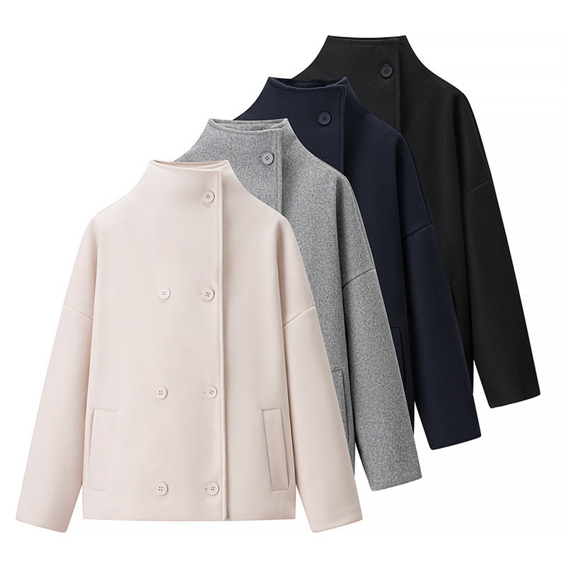 Short Stand Collar Breasted Woolen Coat
