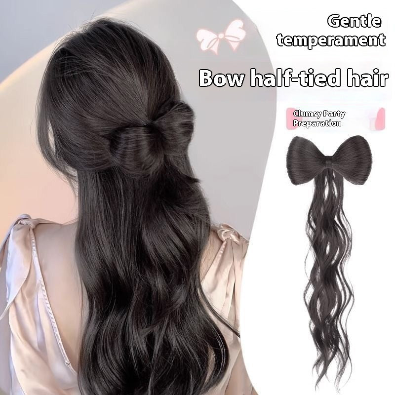 Wig Women's Long Hair Braid Lazy Bow Half Tie Up A Bun Hairstyle Artificial Hair Ponytail
