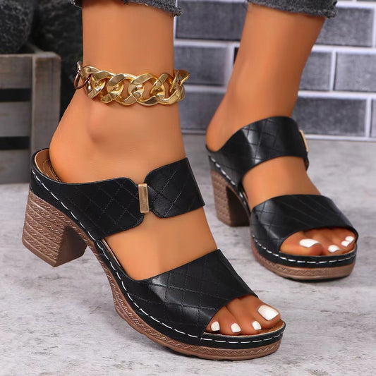 Chunky Heel Sandals Summer Round Toe Plaid Slides Slippers Fashion Outdoor High Heels Shoes For Women