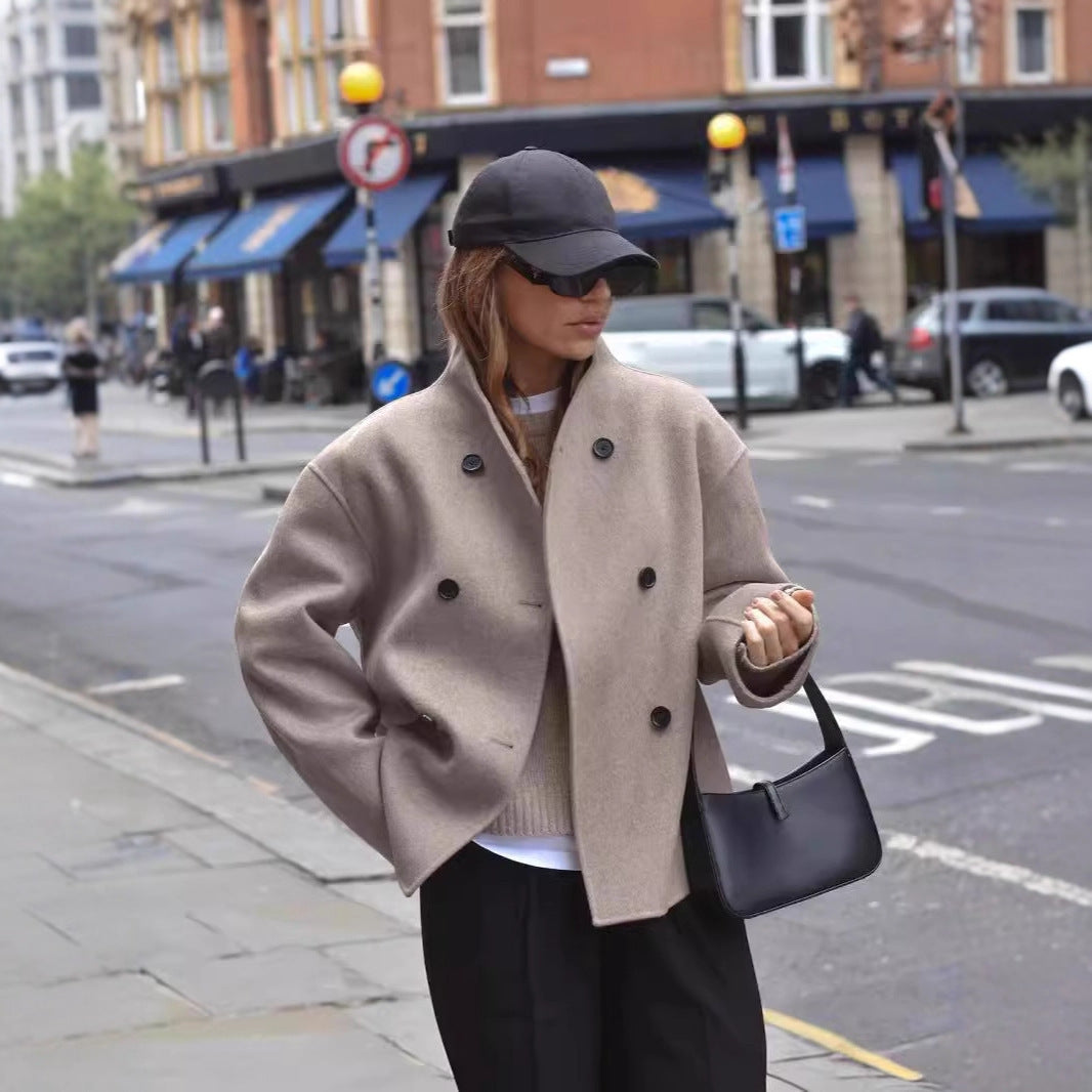 Women's Casual Double Breasted Solid Color Woolen Overcoat Coat