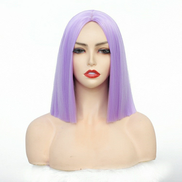 Purple Shoulder Length Bobo Straight Synthetic Fiber Wig Head Cover